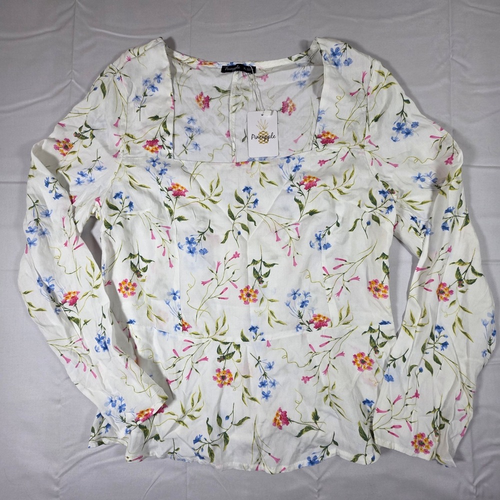 Pineapple Floral Square Neck Long Sleeve Peplum Top White Pink Blue XL NWT